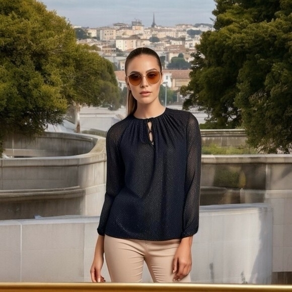 Michael Kors Black Fuzzy Sparkle Textured Blouse S/M Bow Front Long Sleeve EXC - Picture 1 of 7